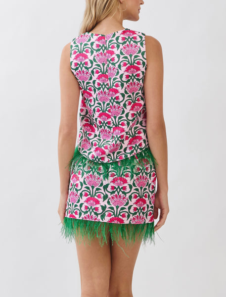 Palm Royale feather trim skirt set / hot pink & green