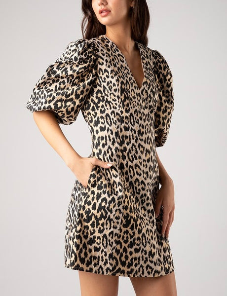 leopard jacquard puff sleeve mini dress