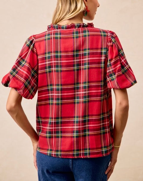 Christmas plaid puff sleeve top