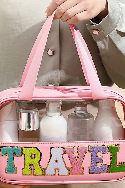 varsity letter clear travel bag // pink