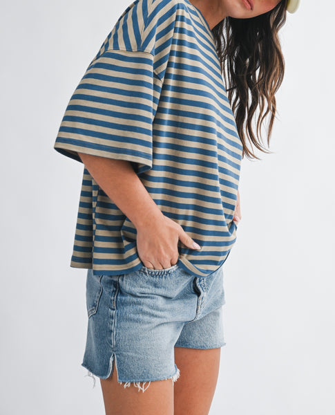 oversized stripe boyfriend tee / lt taupe & blue