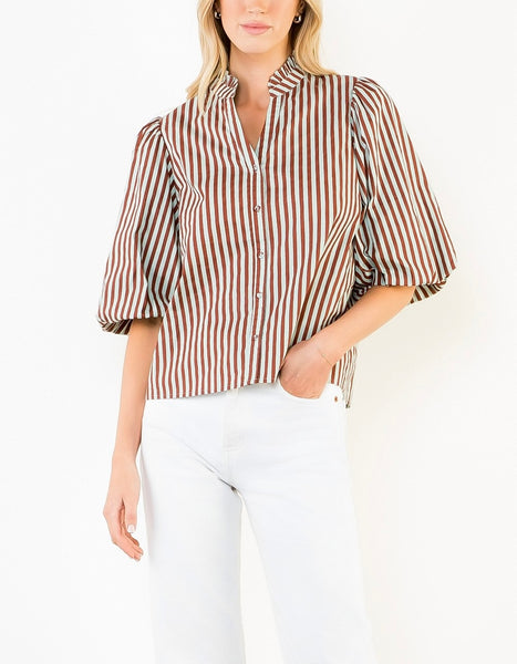 THML stripe button down top / brown & robins egg blue
