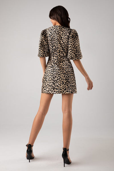 leopard jacquard puff sleeve mini dress