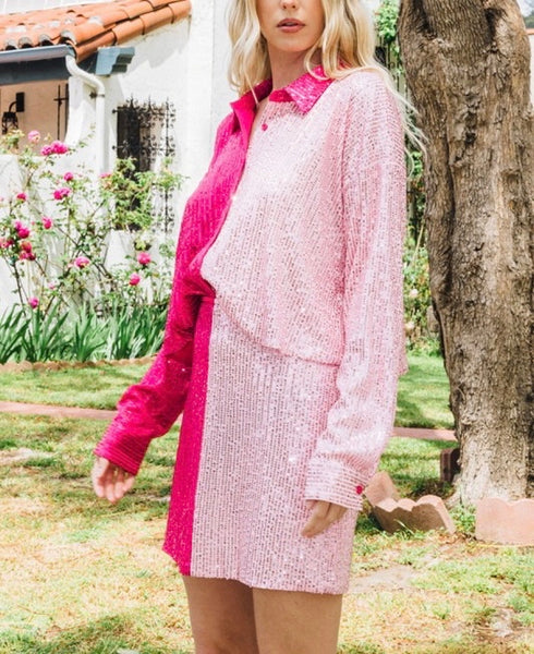 Stephanie sequin colorblock button down top // pink combo