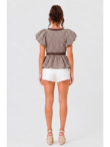 Gingham Babydoll Top / Brown