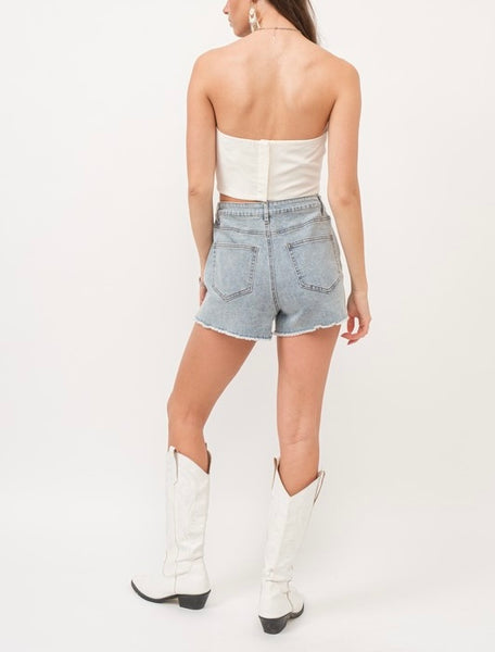 rhinestone fringe frayed denim short // light wash