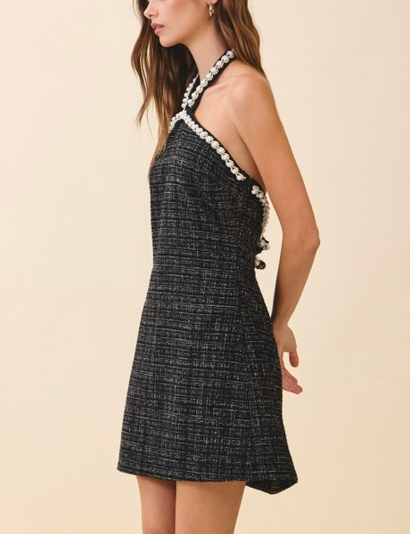 tweed pearl embellished halter dress / black