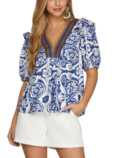 Lexi puff sleeve printed top / blue