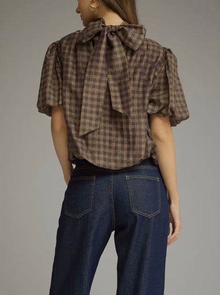 Gingham Puff Sleeve Top / Brown