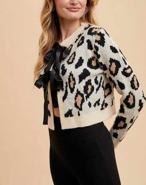 satin ribbon leopard cardigan / cream