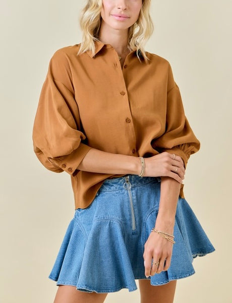 puff sleeve button up top / chestnut