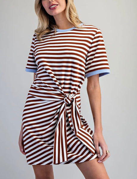 Cassie striped waist tie dress / chocolate