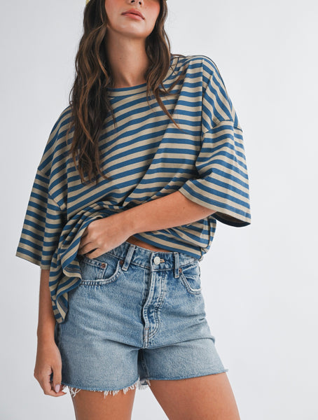 oversized stripe boyfriend tee / lt taupe & blue