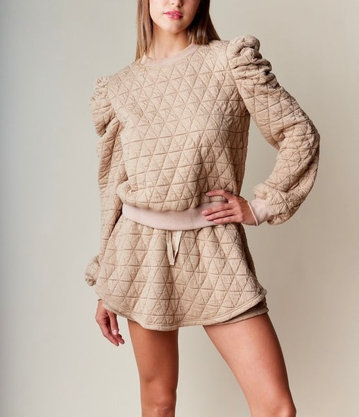 quilted puff sleeve skirt set / camel