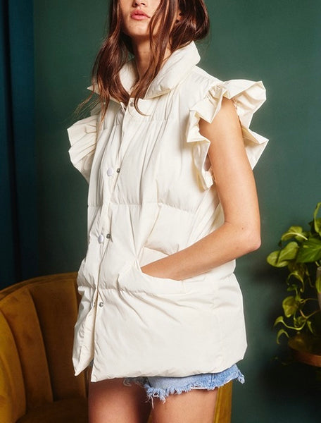 ruffle sleeve down vest // cream