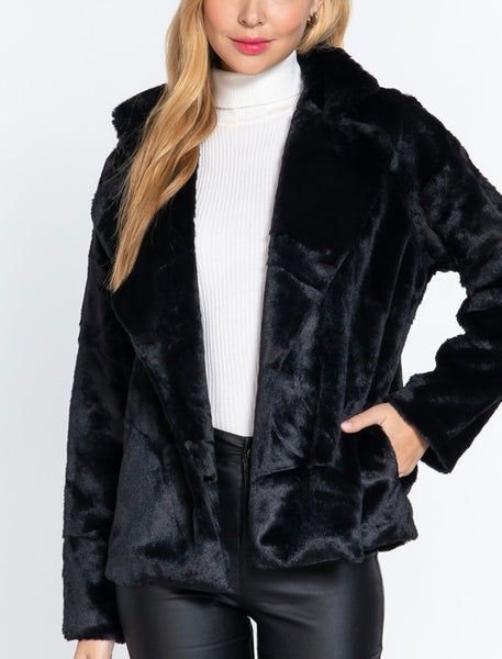 open front faux fur jacket / black