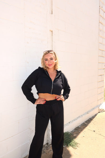 washed terry crop hoodie & pant set // black