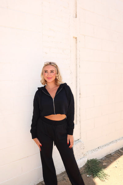 washed terry crop hoodie & pant set // black