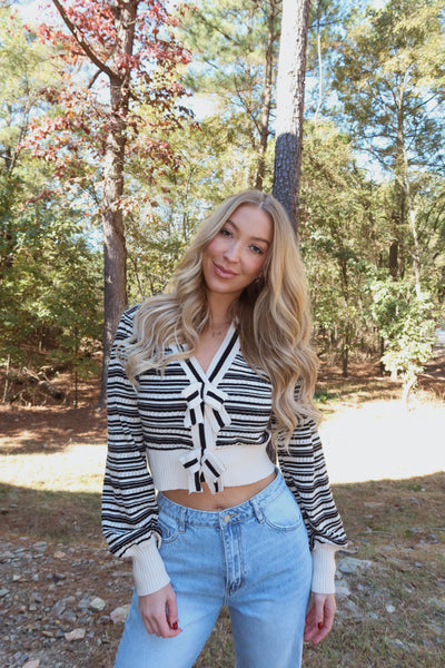 stripe bow sweater / oatmeal & black