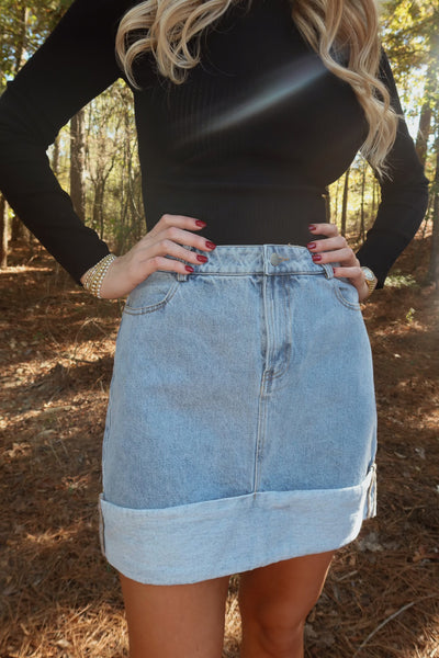 wide cuff denim mini skirt