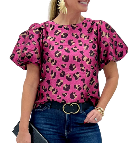 THML puff sleeve leopard jacquard top / magenta