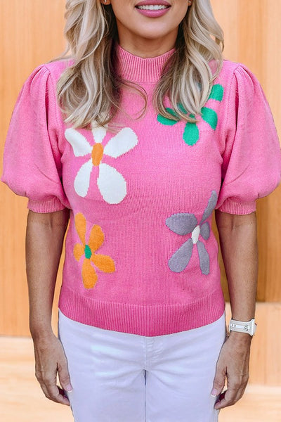 puff sleeve flower sweater // pink