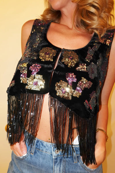 sequin embellished fringe vest top // black