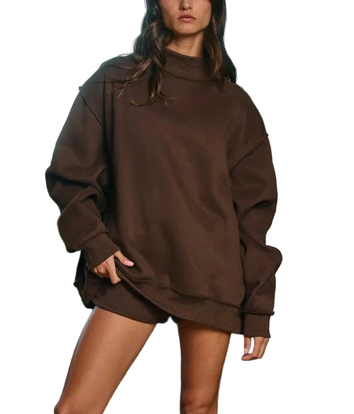 Oversized  Mock Neck Sweatshirt / Chocolate