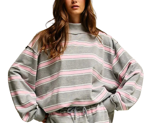 Stripe Mock-Neck Sweatshirt / Grey & Pink