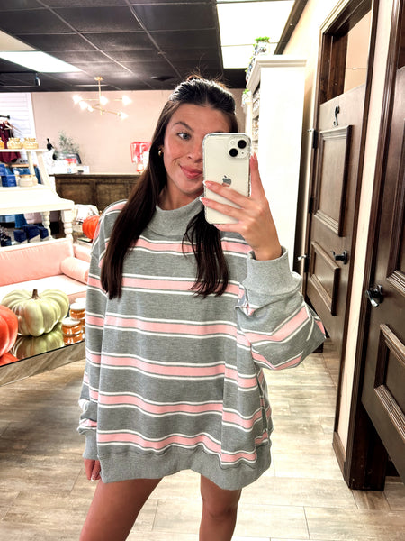 Stripe Mock-Neck Sweatshirt / Grey & Pink