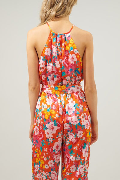 love floral satin jumpsuit // tomato red
