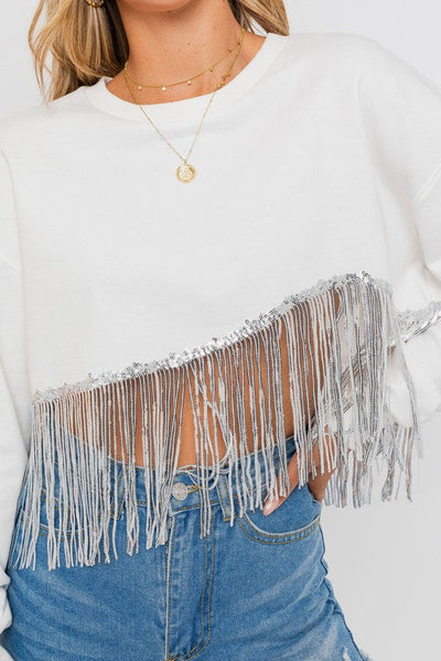 sequin fringe crop sweatshirt // white