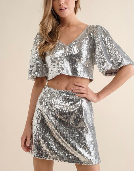 sequin puff sleeve crop top & skirt set // silver