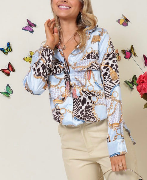 chain print satin blouse // baby blue combo