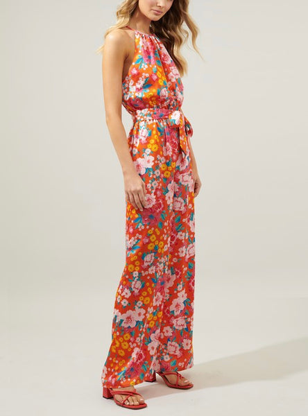 love floral satin jumpsuit // tomato red