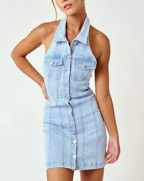 halter denim dress // light wash