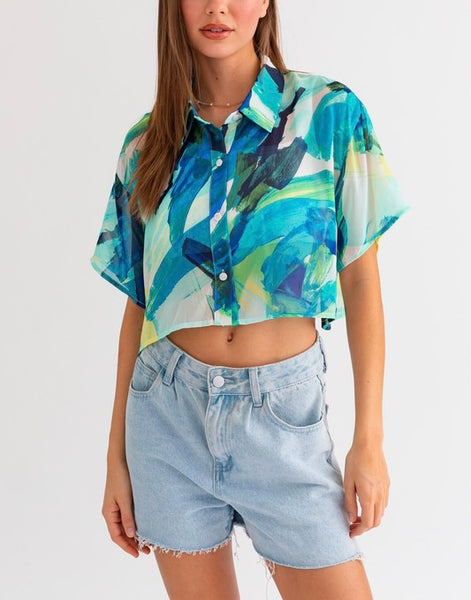 short sleeve sheer crop shirt // blue multi