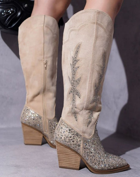 morgan rhinestone knee high western boot // beige