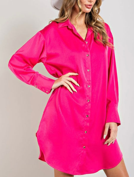 satin shirt dress// hot pink