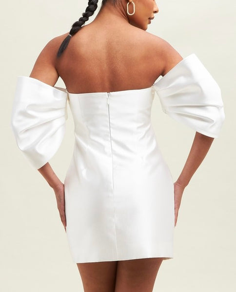puff off shoulder satin mini dress // white