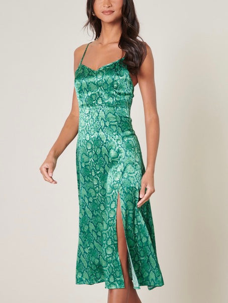 cleo satin snake print dress// emerald