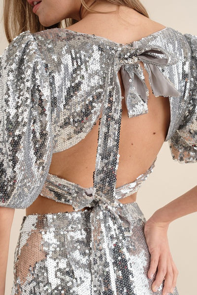sequin puff sleeve crop top & skirt set // silver