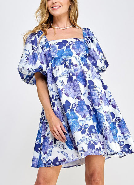 floral print puff sleeve babydoll dress // danube blue