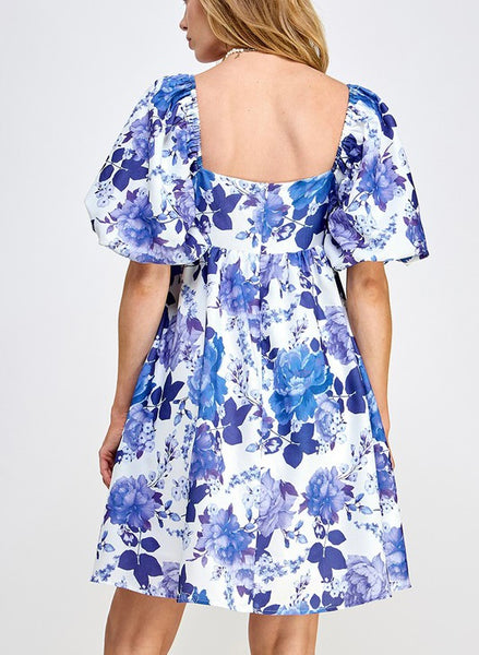 floral print puff sleeve babydoll dress // danube blue