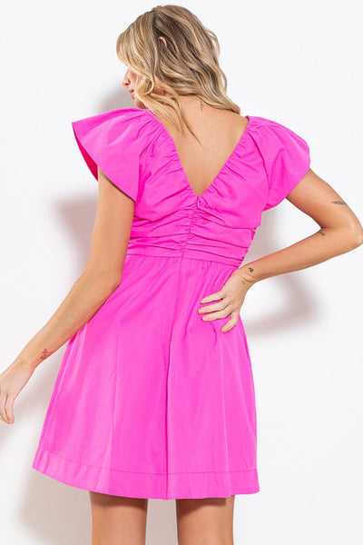 shirring detail V-neck dress // hot pink