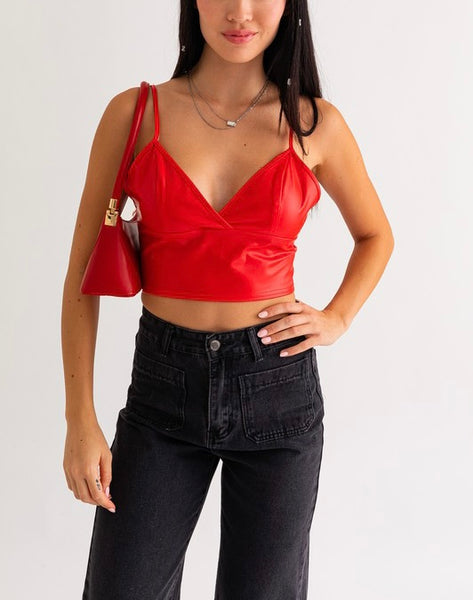 faux leather crop tank // red