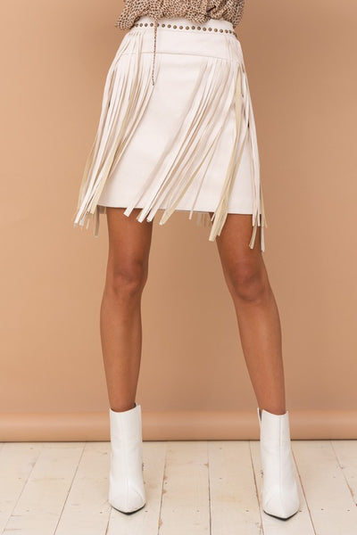faux leather studded fringe mini skirt - white sand