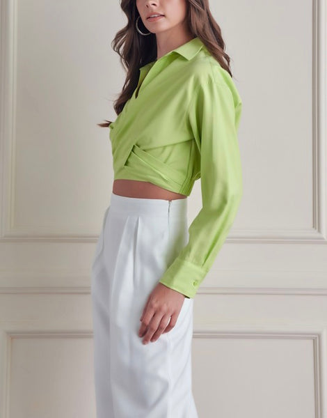 satin wrap front collared top - lime