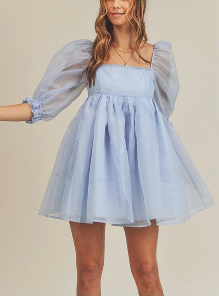 puff sleeve babydoll dress - baby blue
