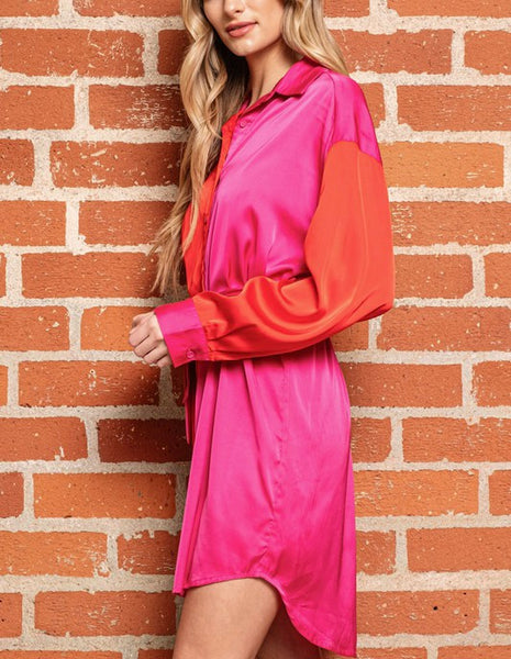 colorblock satin button up dress - red/hot pink